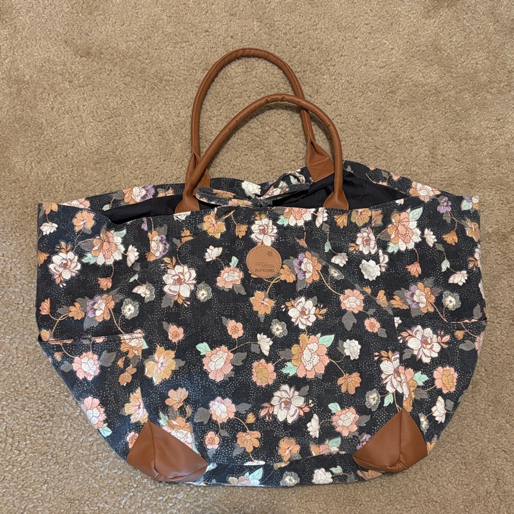 Floral Tote Bag with Brown Accents